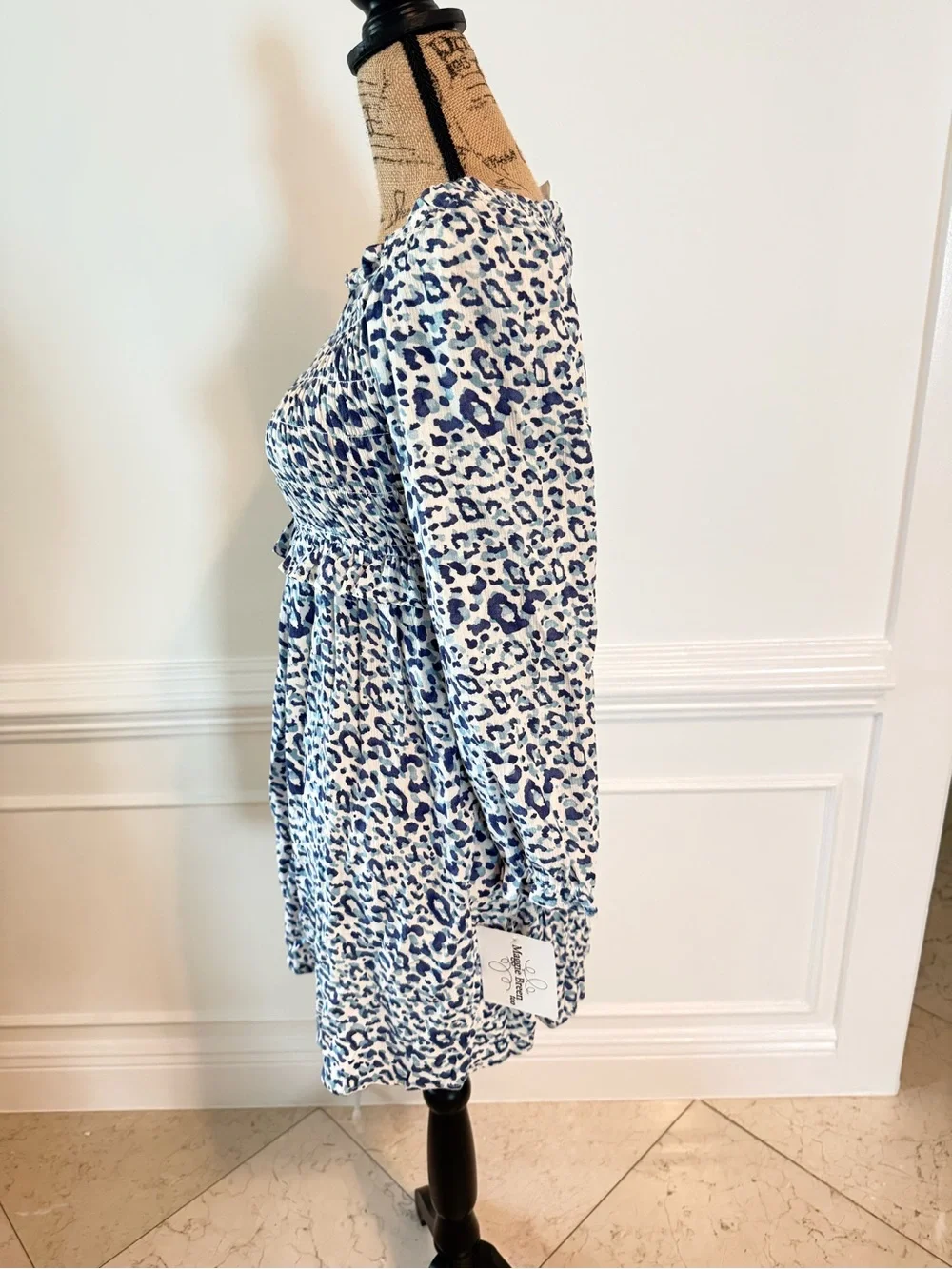 Smocked Blue Leopard Print Women’s Dress